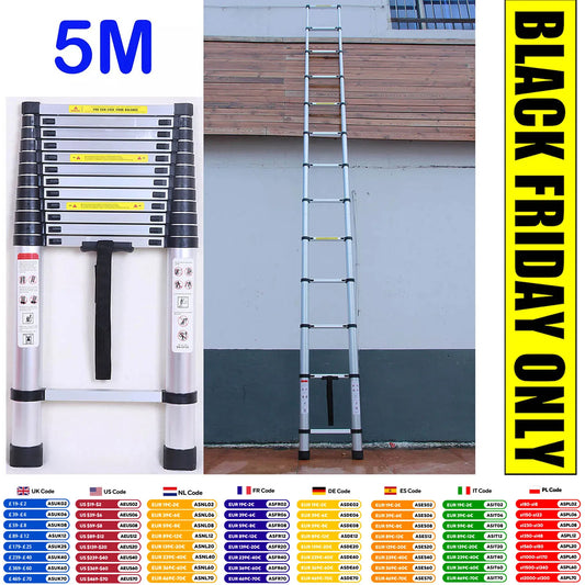 DayPlus 5m Telescopic Ladder 16.4ft Multi-Purpose Aluminum Lightweight Folding ladder Non-Slip Extendable Sturdy Home Loft Tool