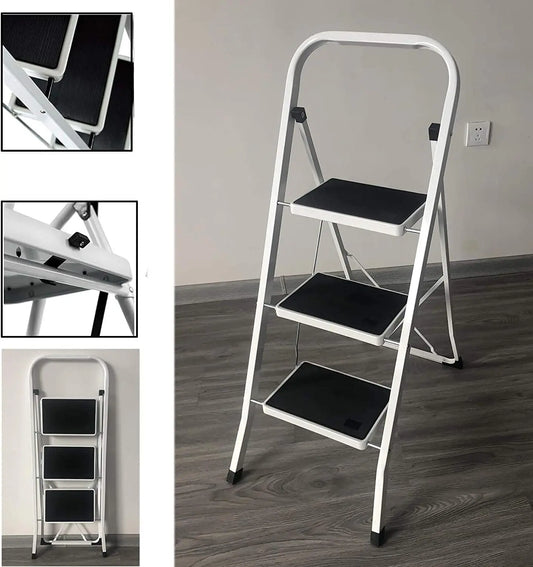 Portable Foldable 3 Step Steel Ladder,Non Slip Tread Stepladder Safety Folding Heavy Duty Step Stool for Home/Kitchen/Garage