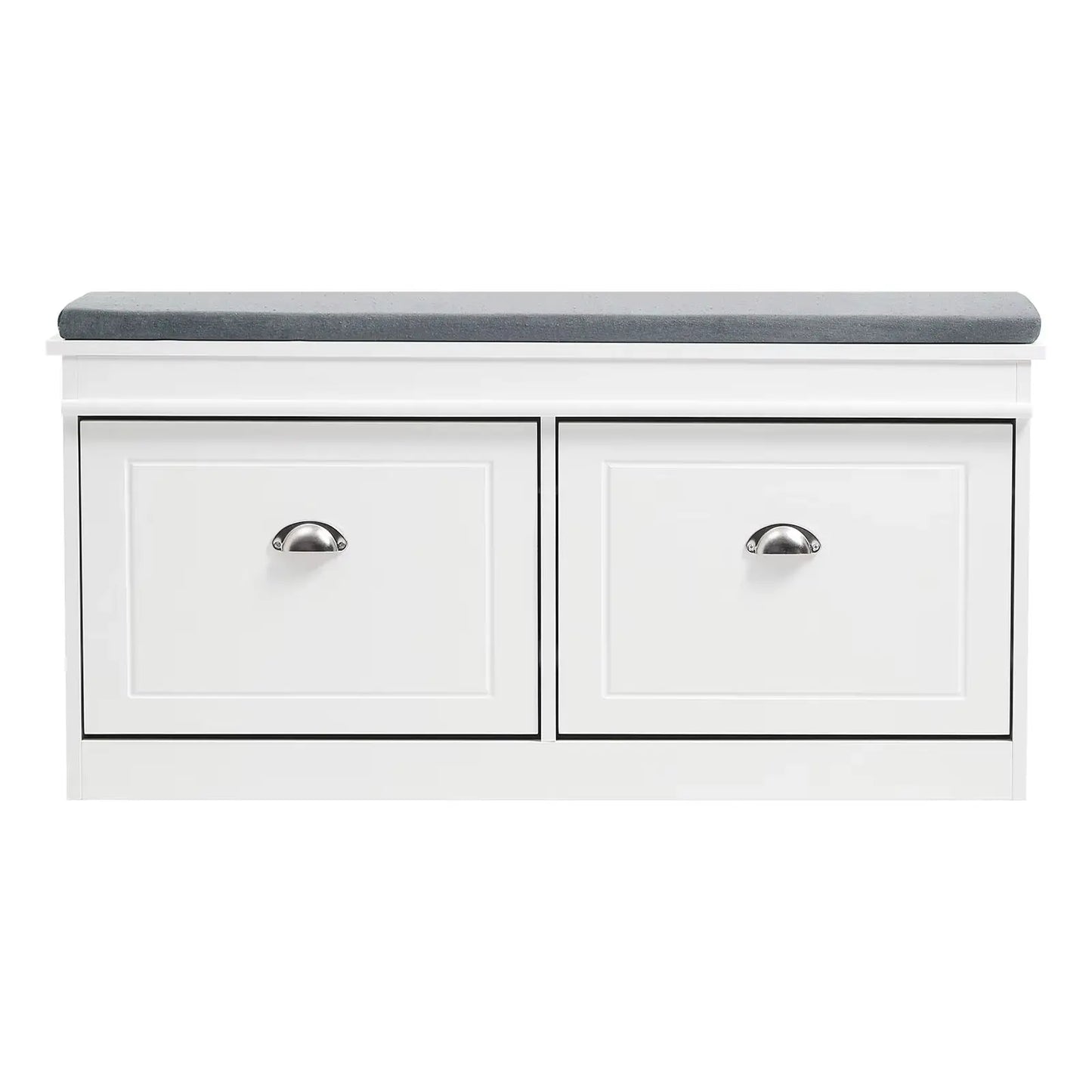White 2 Drawer Flip Down Wooden Shoe Bench Cabinet Flip Down Design with Soft Cushions