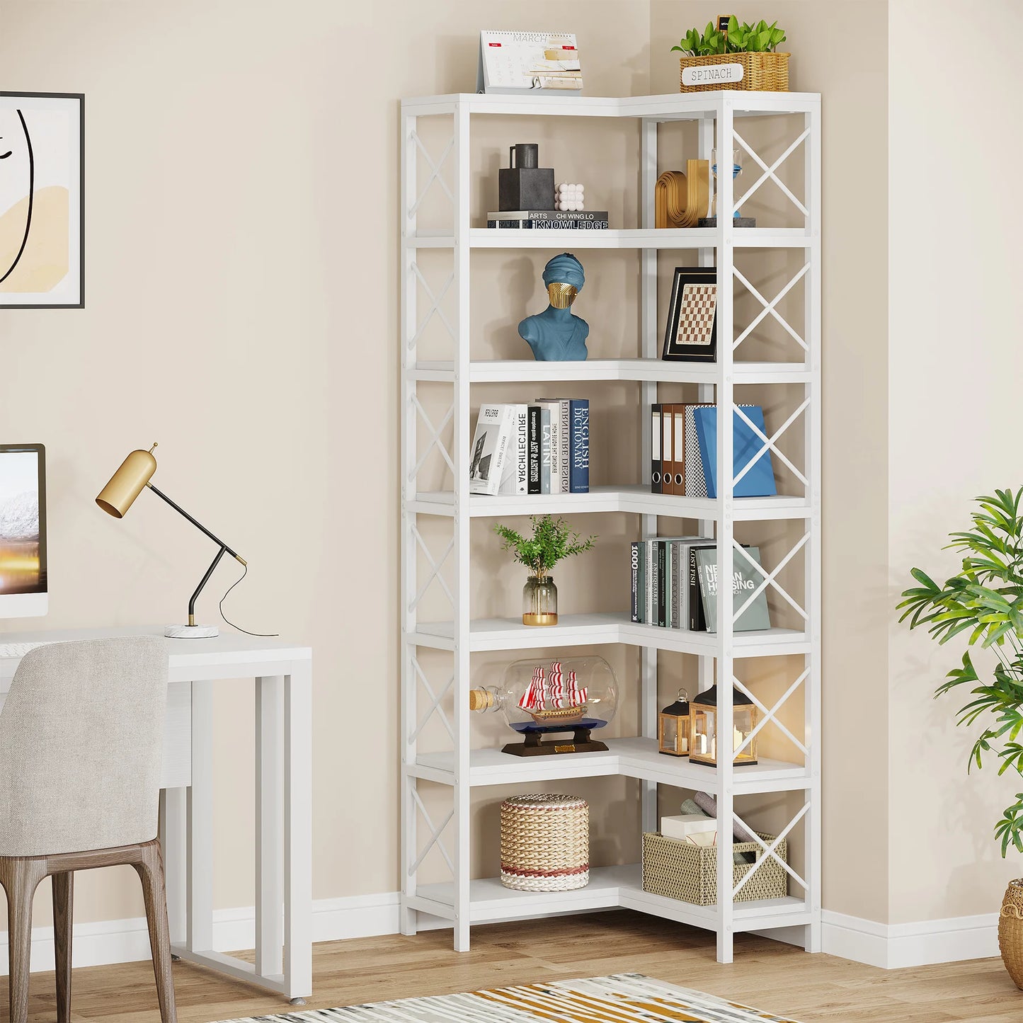 Tribesigns 7-Shelf Corner Bookshelf,Large Modern Corner Bookcase, 7-Tier Tall Corner Shelf Storage Display Rack with Metal Frame