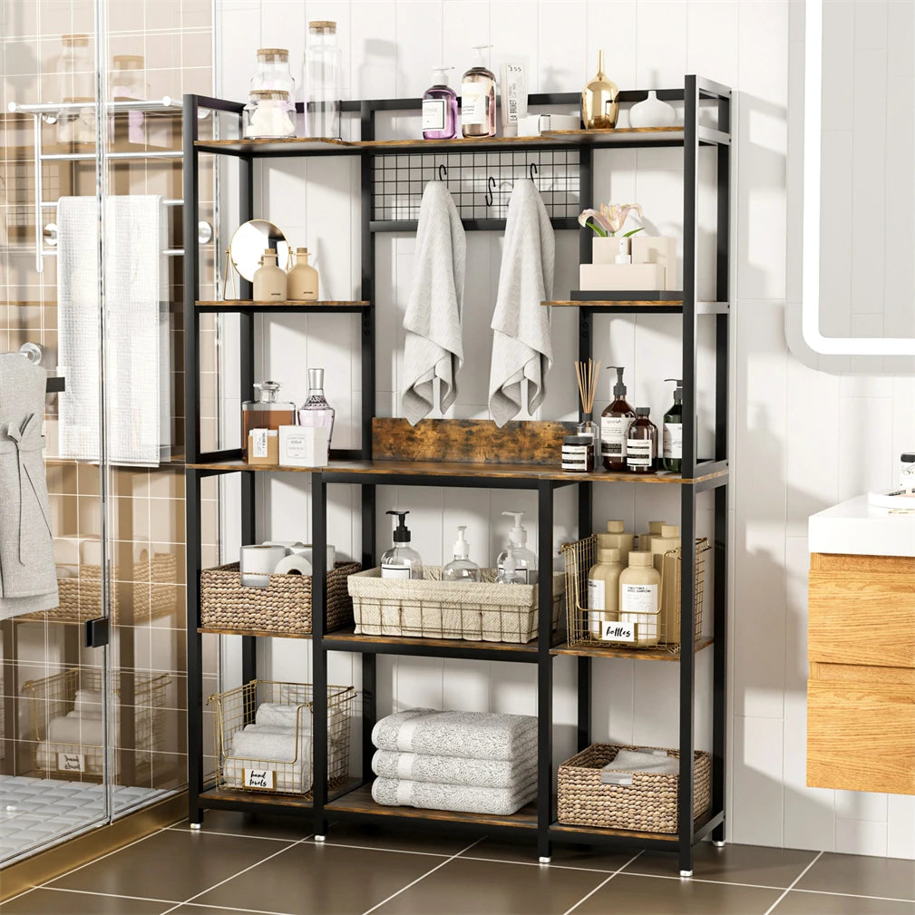 5 Tier Large Baker's Rack Industrial Microwave Stand Kitchen Storage Rack with Hooks and Shelves for Spices Pots and Pans
