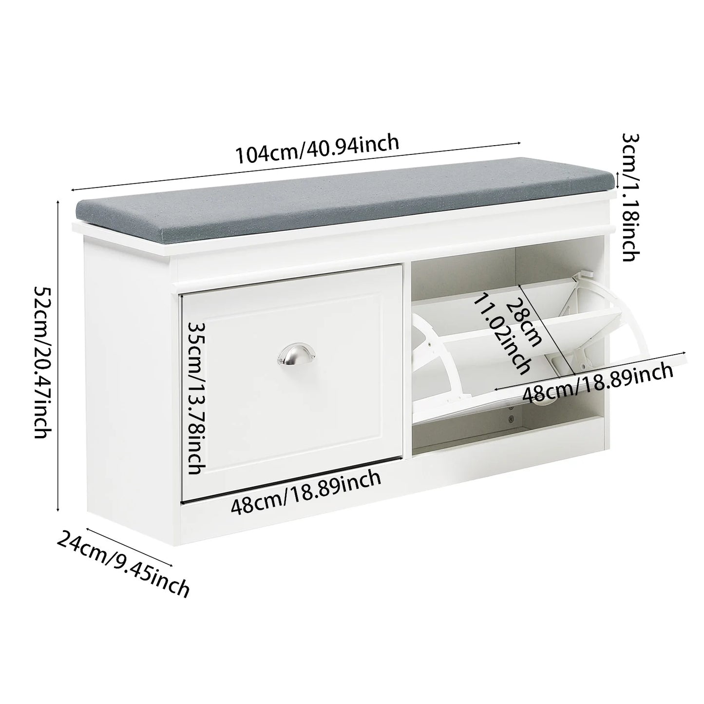 White 2 Drawer Flip Down Wooden Shoe Bench Cabinet Flip Down Design with Soft Cushions