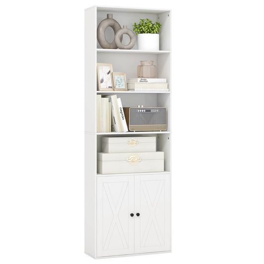GOFLAME 6-Tier Freestanding Bookcase, Modern Bookshelf with Farmhouse Style Cabinet Doors