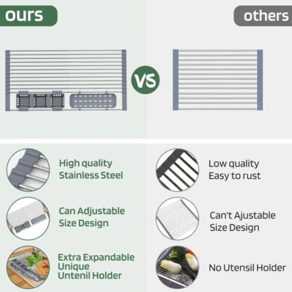 Large Drying Mat Foldable Stainless Steel Over The Sink Dish Roll Up Rack