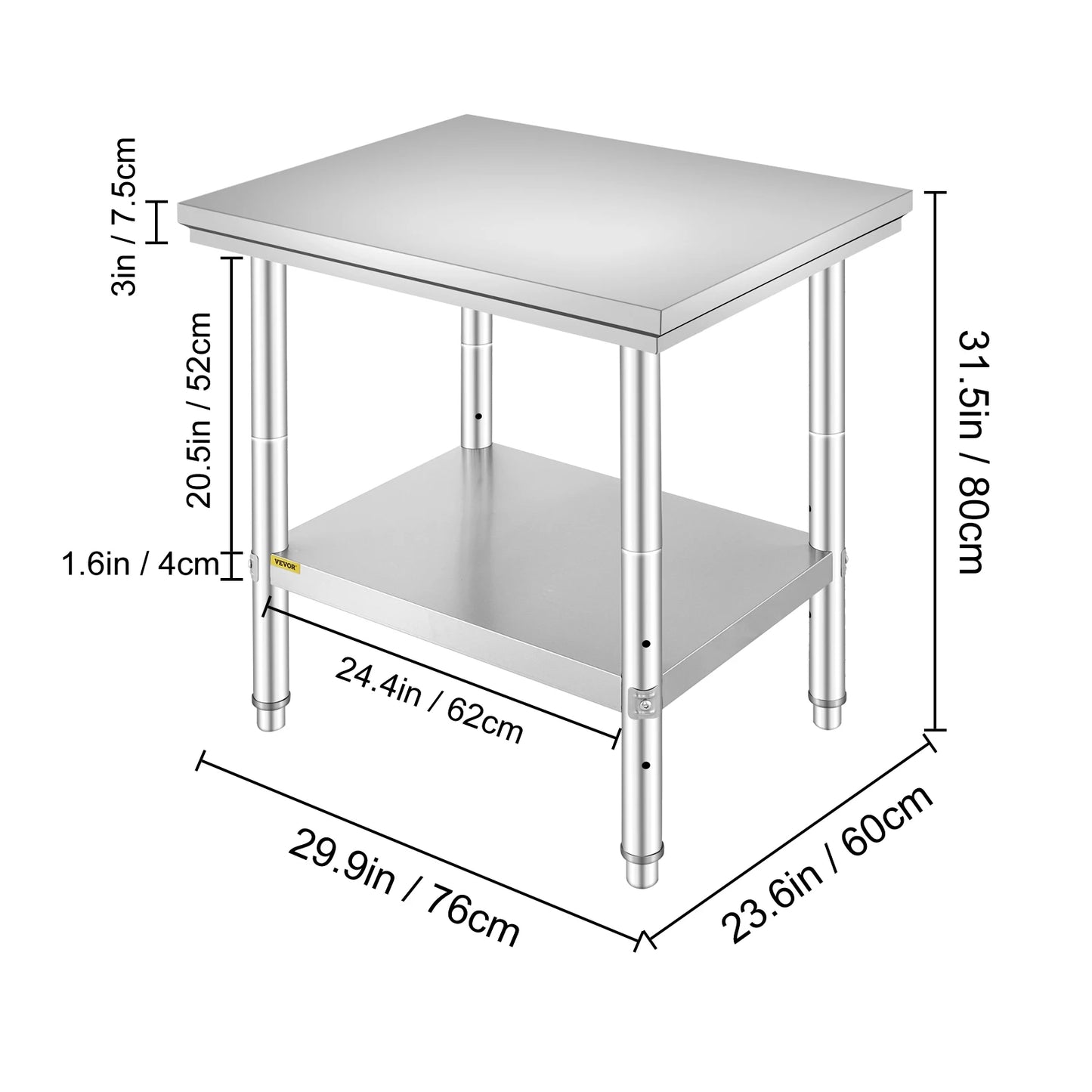 VEVOR Kitchen Work Bench Commercial Catering Table Worktable with Undershelf Stainless Steel 330LBS 286LBS for Restaurant Garage