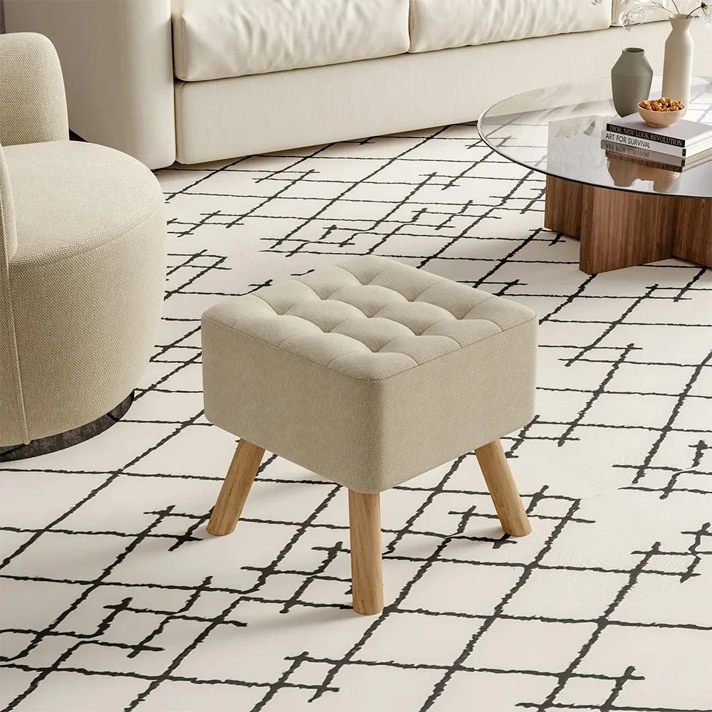 Linen Fabric Padded Household Multifunctional  Wooden Leg Footstool