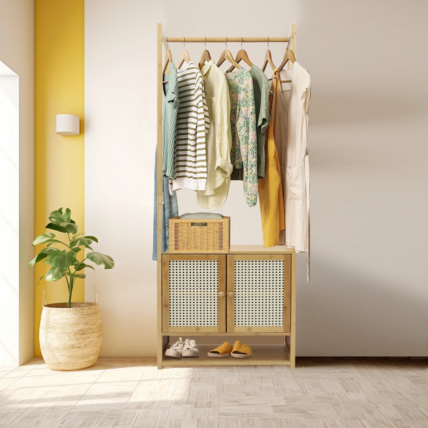 Clothes Stand with Cabinet Free-standing Bamboo Open Garment Rack with Storage Shelves Hanging Clothes Rack for Living Room