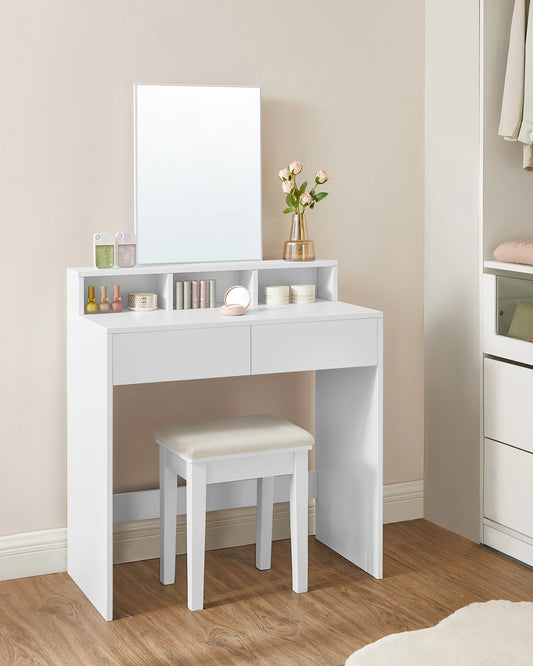 VASAGLE Dressing Table with Large Rectangular Mirror, Vanity Table with 2 Drawers and 3 Open Compartments, Vanity Table