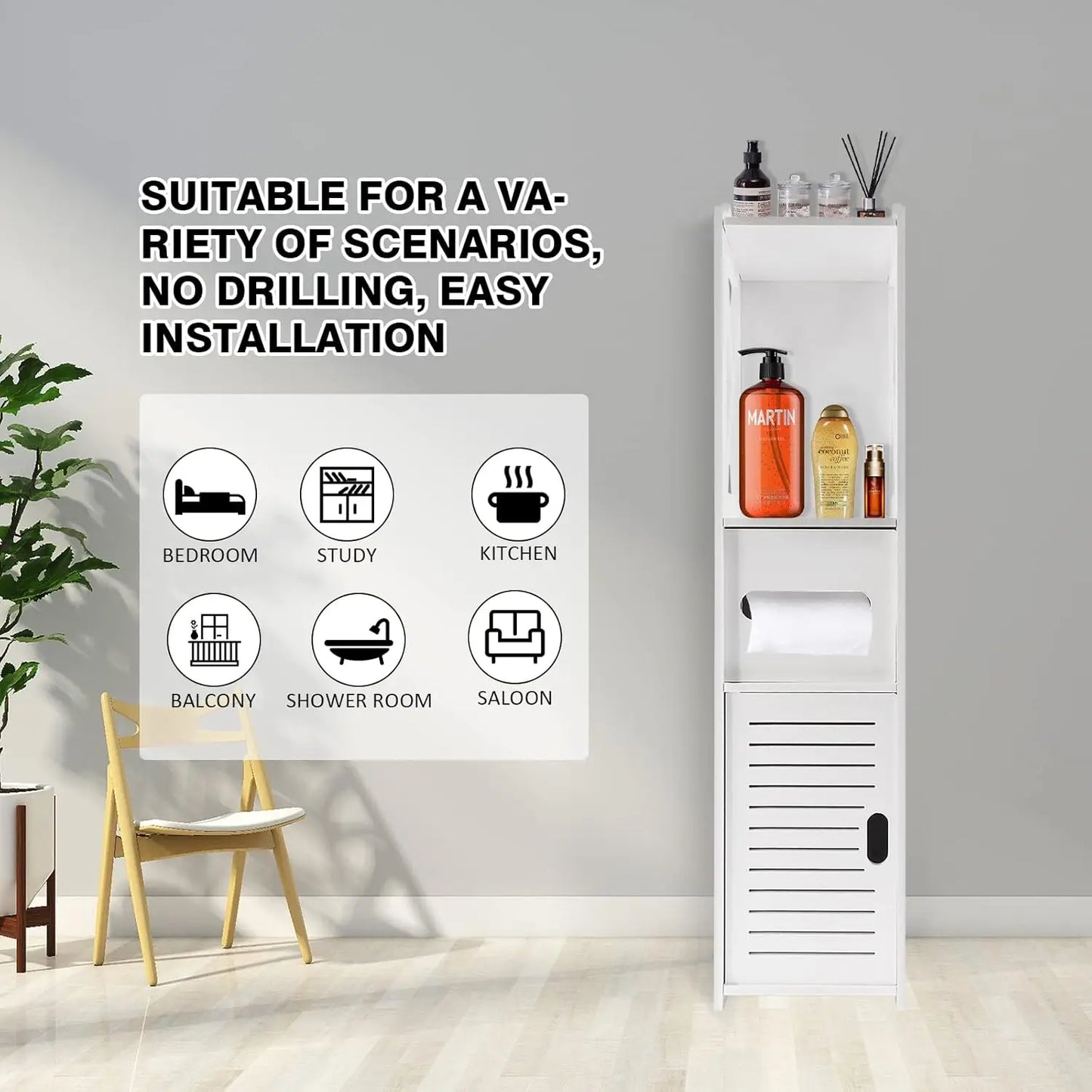 BRIEFNESS Bathroom Cabinet Waterproof Cabinet Freestanding Toilet Paper Cabinet Freestanding Storage Shelf White 80 x 18 x 20 cm