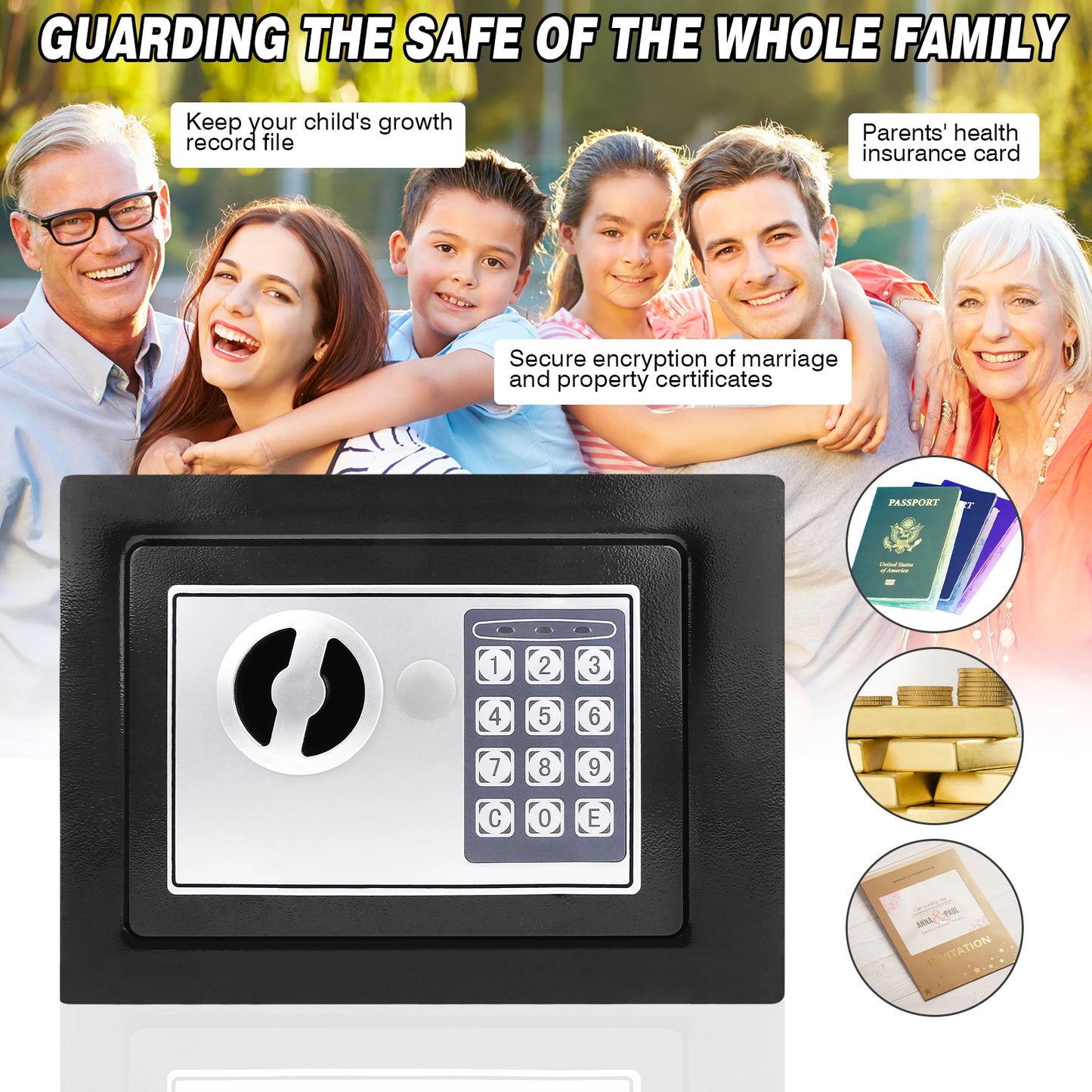 Fireproof 8.5L Electronic Password Security Safe Money Cash Deposit Box Office Home Safe Password Key Anti-theft Safe Box Home