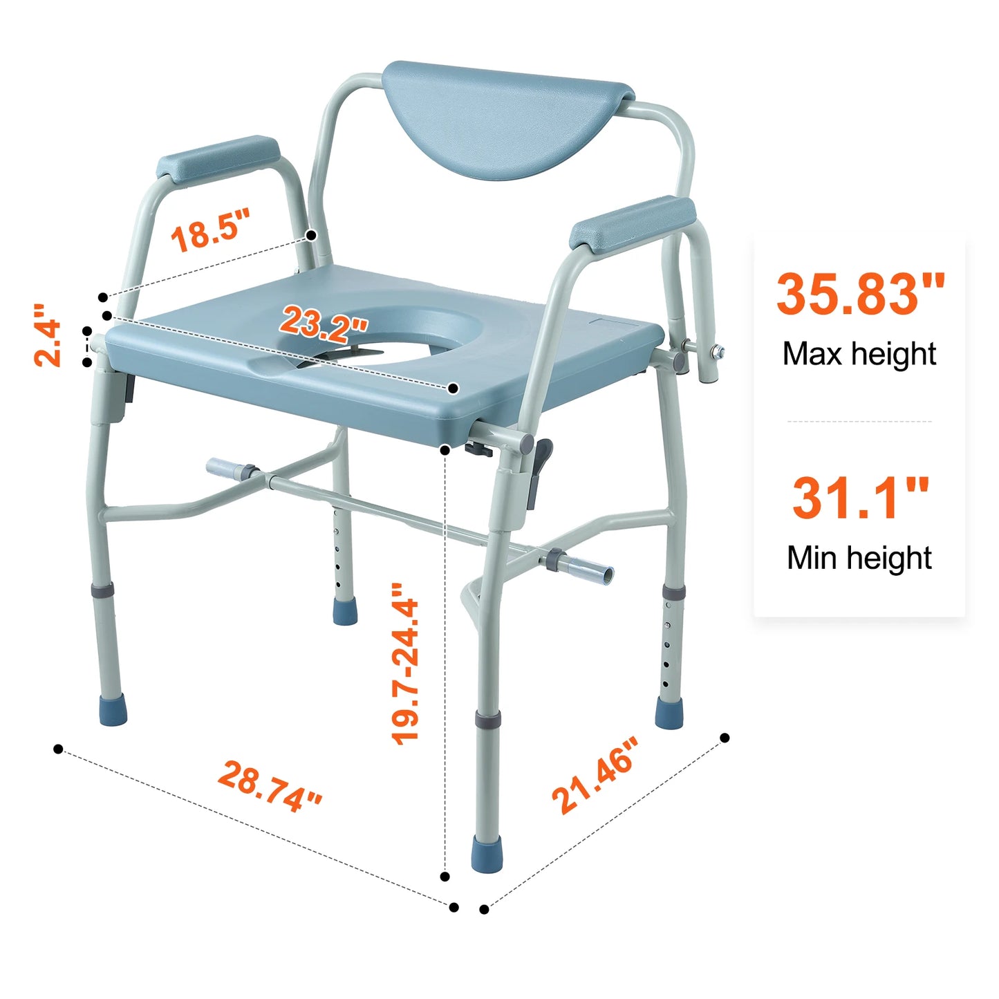 VEVOR Commode Chair Bedside Commode with Padded Seat and Arms, 7-Level Adjustable Height 5.8L Removable Bucket Easy to Assemble