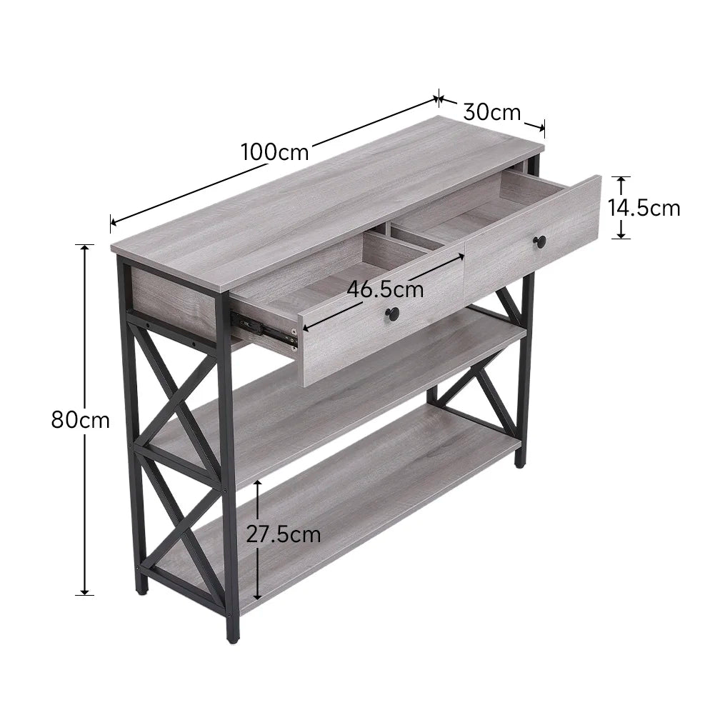 Rustic Grey Narrow Wooden Console Table with Drawers