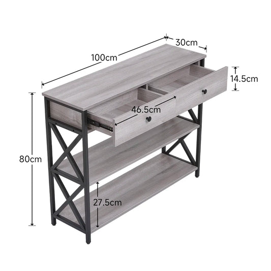 Rustic Grey Narrow Wooden Console Table with Drawers