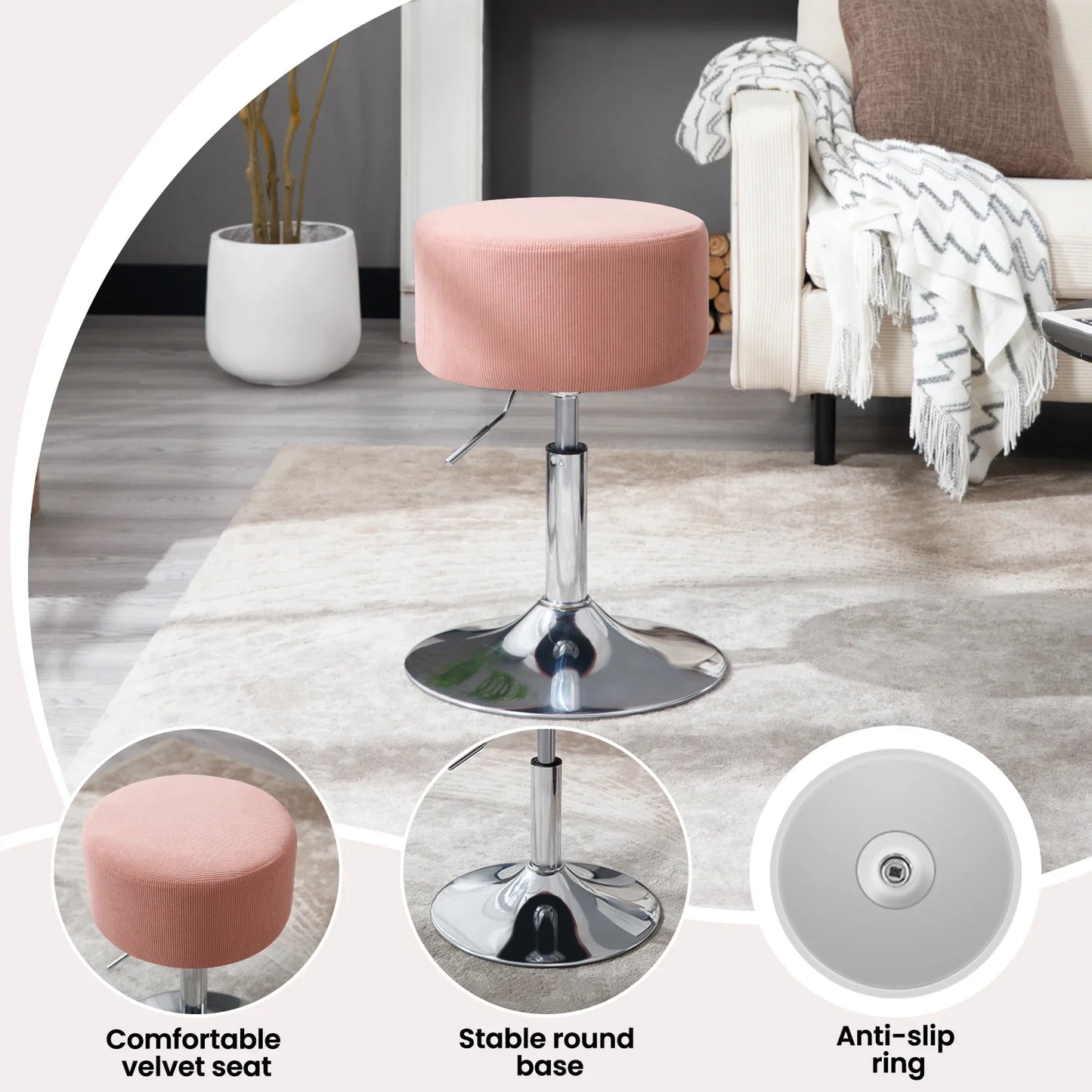 1PC White Round Swivel Bar Stools Height-Adjustable Makeup Stools Corduroy Padded Stools for Office Kitchen Home