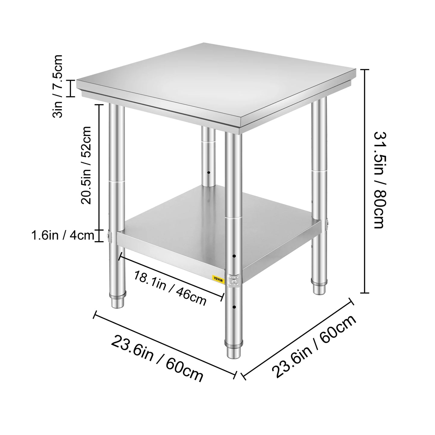 VEVOR Kitchen Work Bench Commercial Catering Table Worktable with Undershelf Stainless Steel 330LBS 286LBS for Restaurant Garage