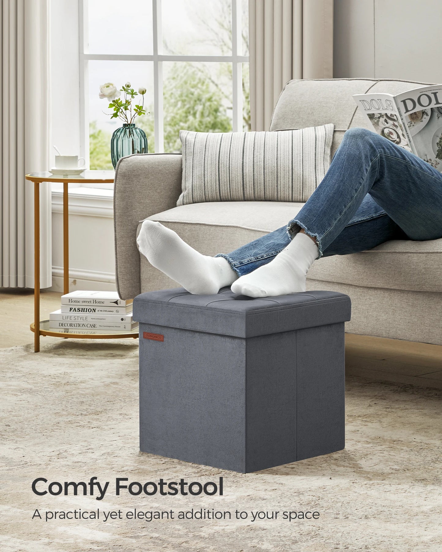 SONGMICS Storage Ottoman, Foldable Small Ottoman Foot Rest, Ottoman with Storage, Load up to 300 kg, for Living Room, Bedroom