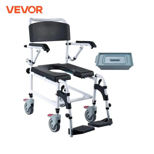 VEVOR Shower Commode Wheelchair with 4 Lockable Wheels Footrests Flip-up Arms 3-Level Adjustable Height 5L Removable Bucket