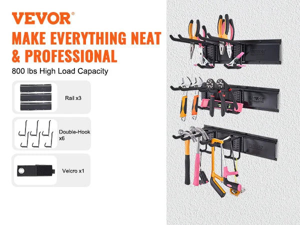 VEVOR Garage Tool Organizer Wall Mount Yard Garden Heavy Duty Storage Rack with Adjustable Hooks Rails for Shovels Trimmers Hose