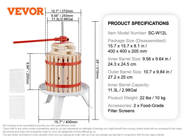 VEVOR Fruit Wine Press 6L/18L/12L Solid Wood Basket  6 or 8 Blocks Manual Juice Maker with Pole Handle Bar for Kitchen and Home