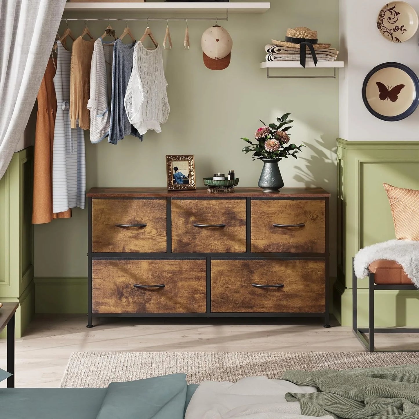 Chest of Drawers,5 Fabric Drawers Cabinet with Easy Pull Handle,Wood Top and Sturdy Steel Frame for Bedroom,Living Room