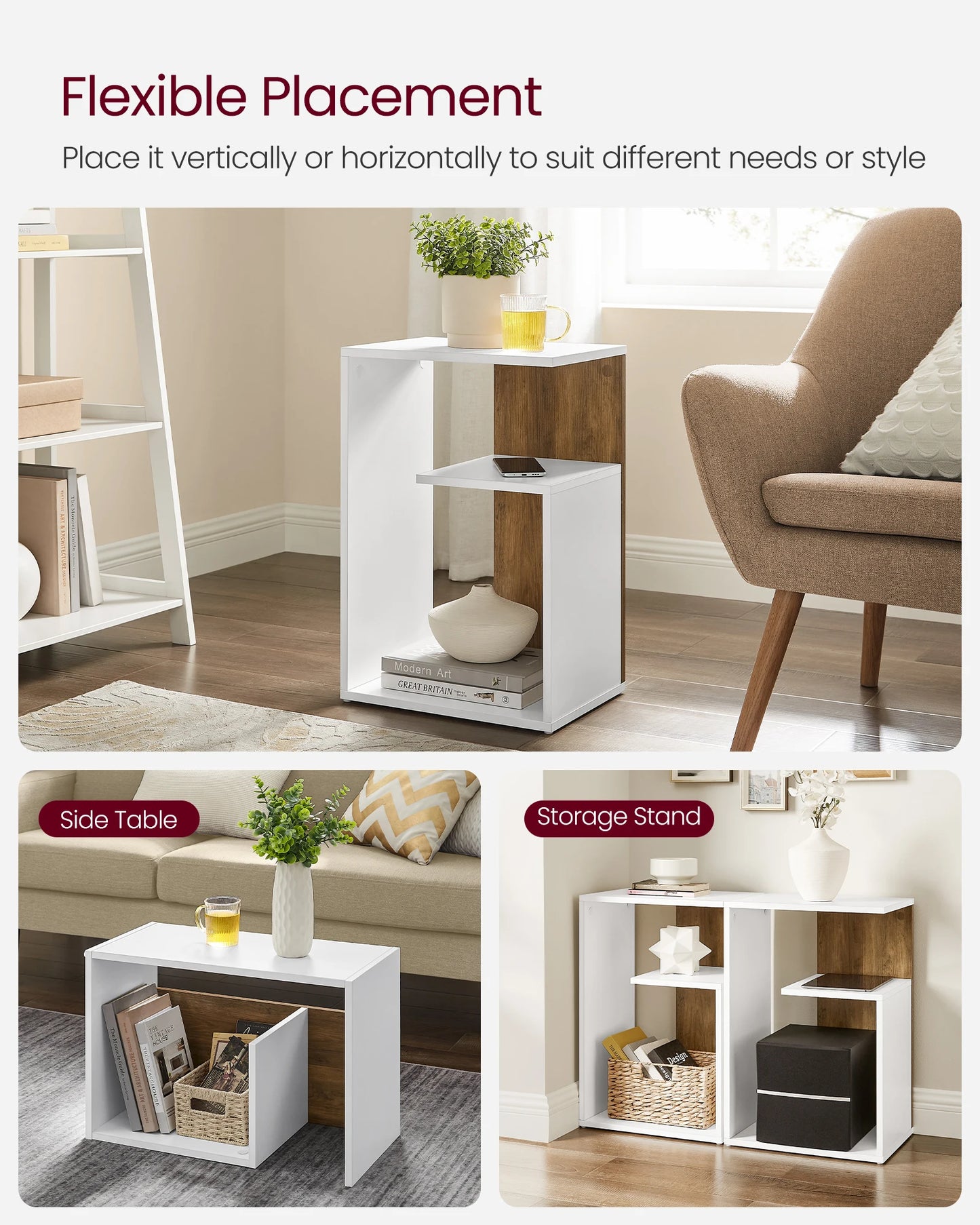 VASAGLE Side Table, Bedside Table, Open Storage, Can Be Used Vertically or Horizontally, Modern, 30 x 40 x 60 cm