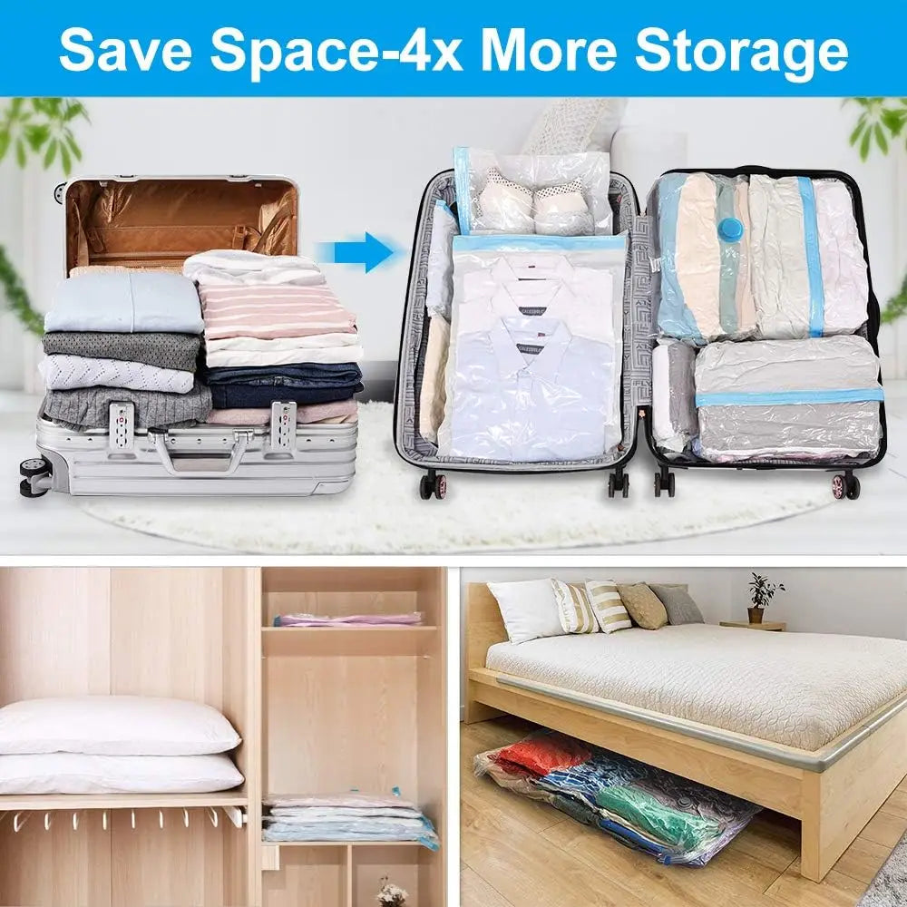 Vacuum Storage Bags with Hand Pump, Space Saving Compression Bags for Clothes, Blankets and Bedding, Reusable and Easy to Use