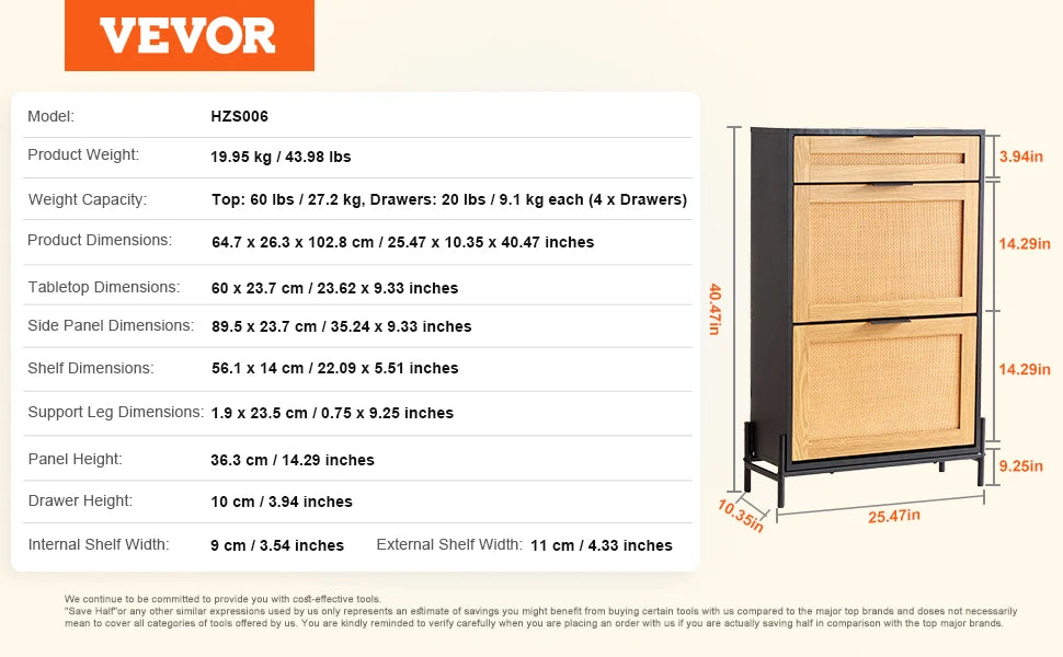 VEVOR Shoe Storage Organizer with 2 Flip Rattan Drawers&1 Slide Drawer Metal Legs Slim Shoe Cabinet for Entryway Closet Hallway