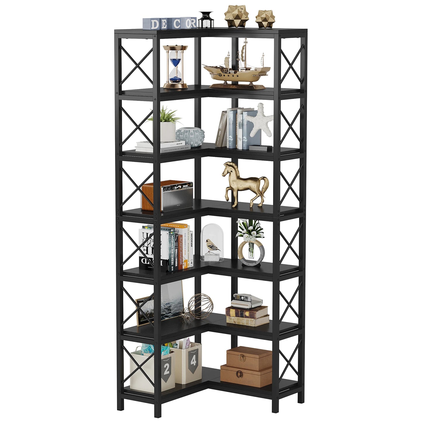 Tribesigns 7-Shelf Corner Bookshelf,Large Modern Corner Bookcase, 7-Tier Tall Corner Shelf Storage Display Rack with Metal Frame