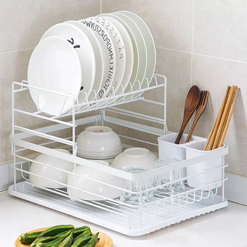 2 Tier Dish Drying Rack Kitchen Adjustable Stainless with Drain Basket Countertop Dinnerware Organizer Drainboard Storage Holde