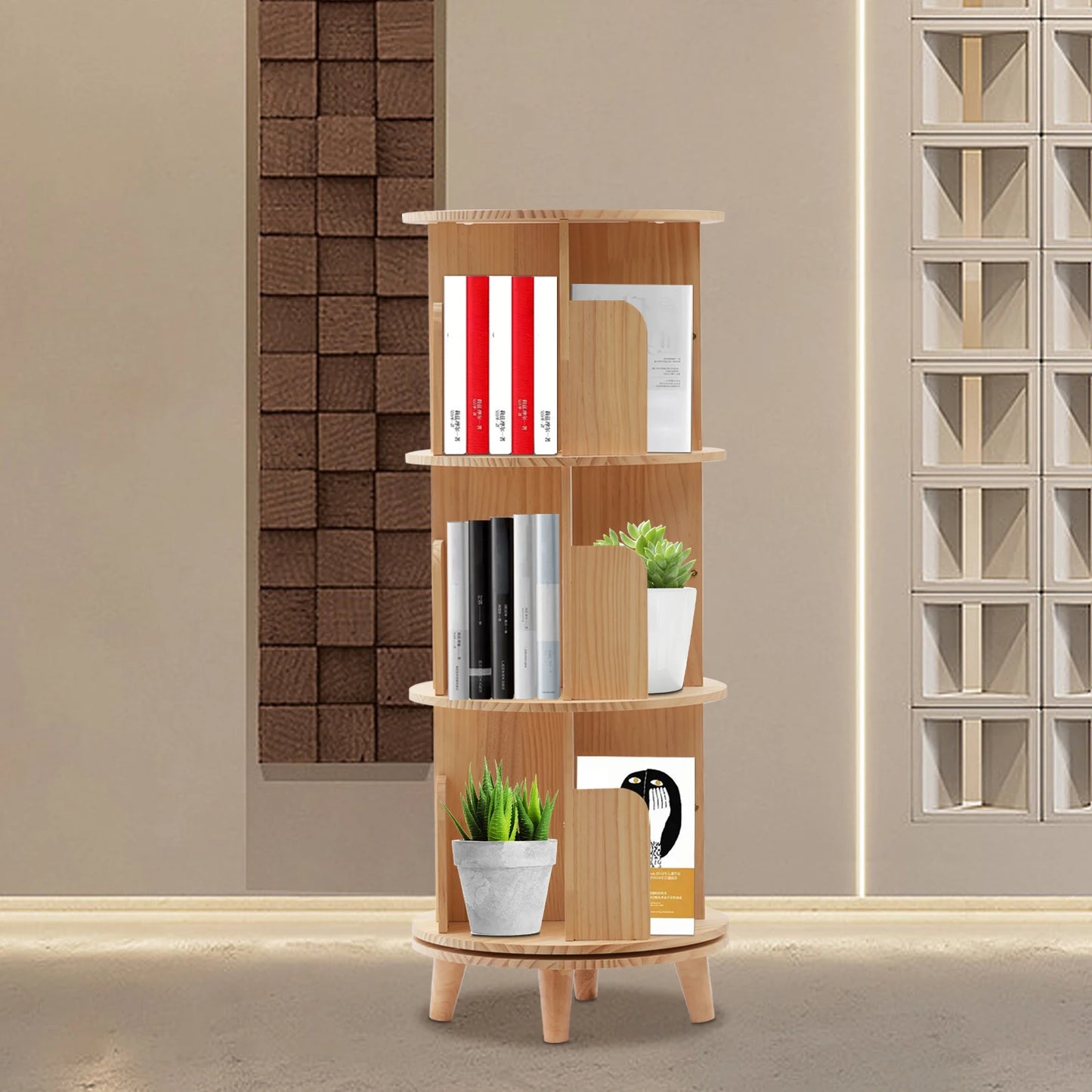 1/2/3/4/5/6 Tier Wooden Bookcase Rotatable Floor Stand Multifunctional Showcase Organizer