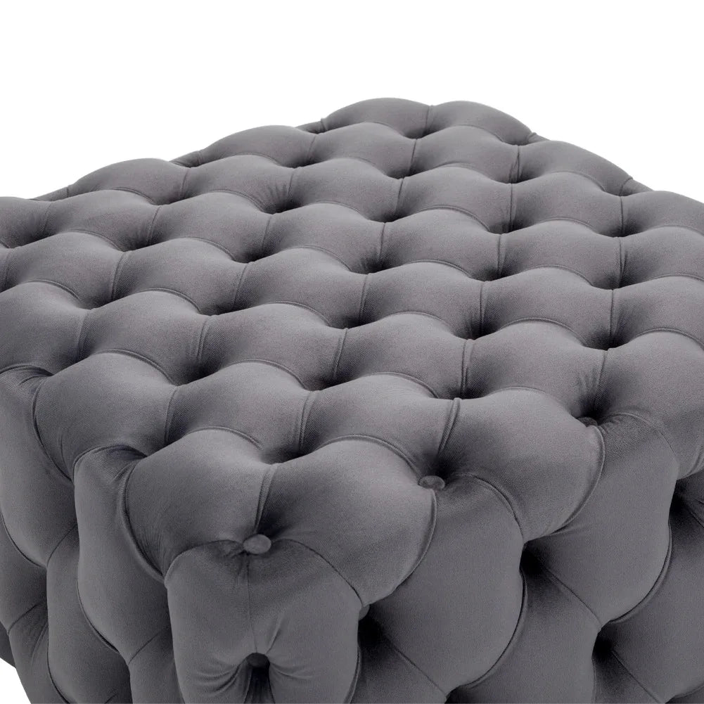 Grey Square Velvet Upholstered Buttoned Footstool