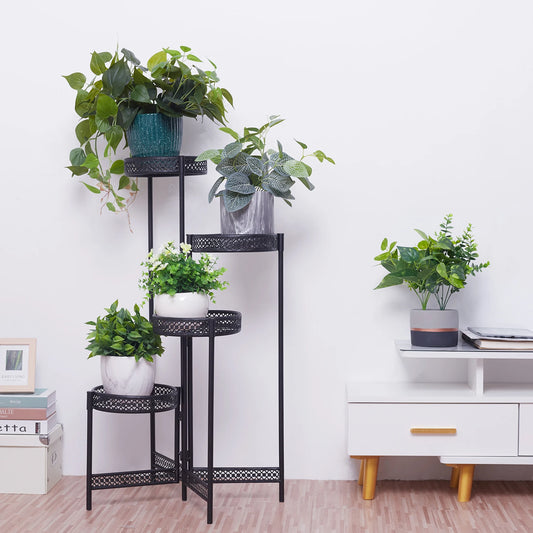 3/4 Tier Metal Plant Stand Indoor Black Tall Flower Pot Holder Display Rack Foldable for Patio Garden Living Room Corner Balcony