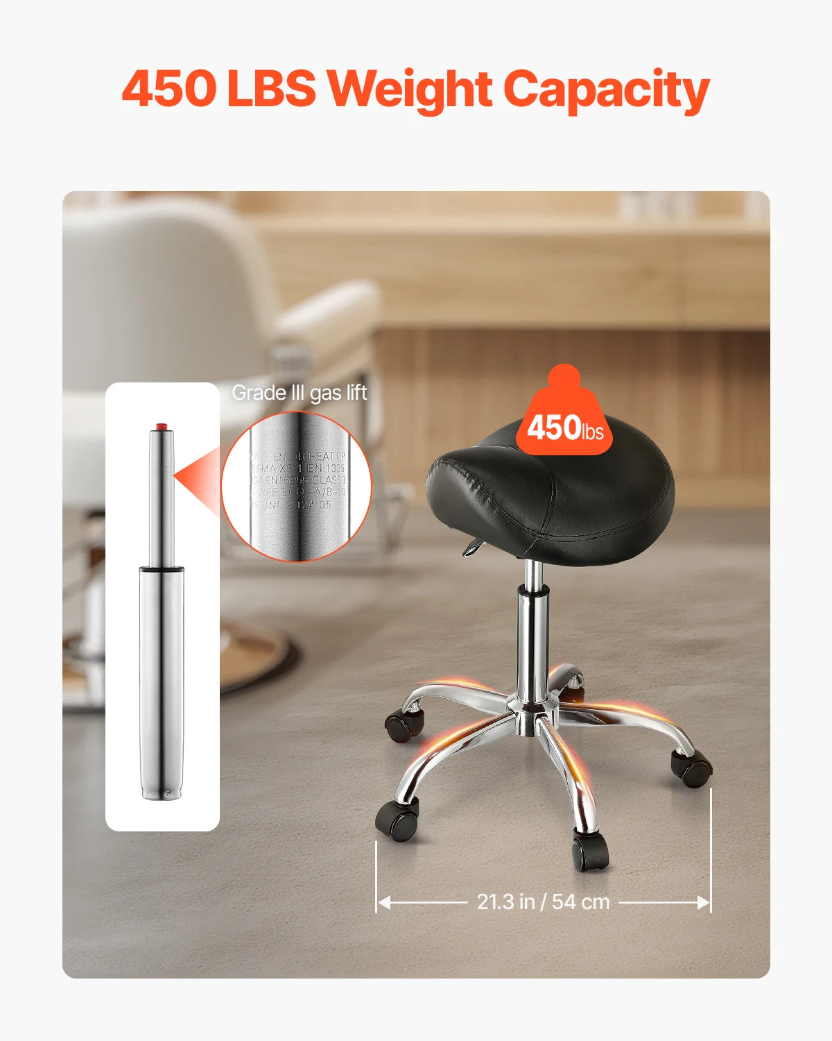 VEVOR Saddle Stool w/ Wheels 450 LBS Weight Capacity Height Adjustable Ergonomic Swivel Saddle Chair for Salon Spa Tattoo Clinic