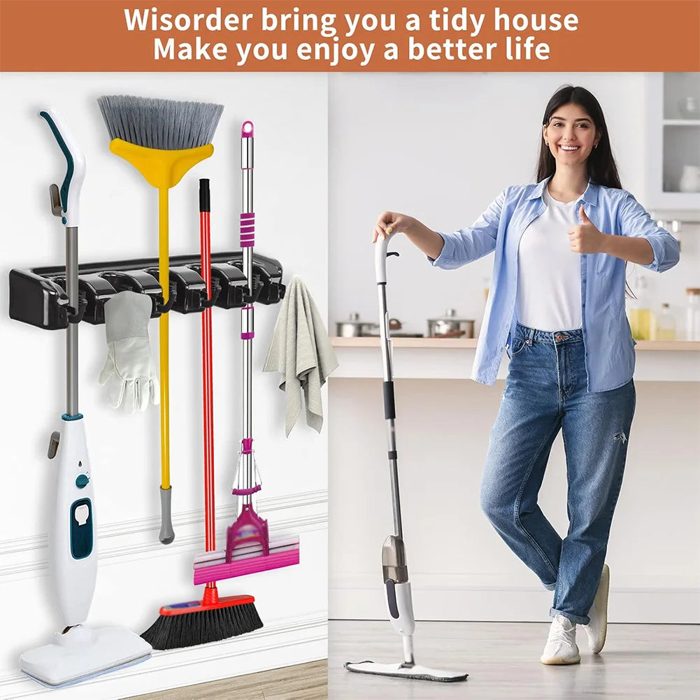Broom and Mop Holder Mop Organizer Hook 5 Position 6 Hooks Hanger Broom Storage Hook Multipurpose for Kitchen Bathroom