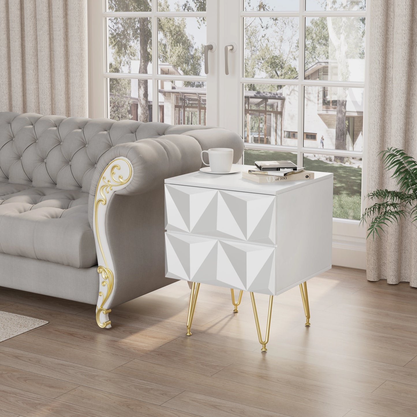 Bedside Table 40x53x40cm Decorative Adult Nightstand Modern Storage Unit with 2 Drawers 3D Effect for Bed Bedroom Living Room
