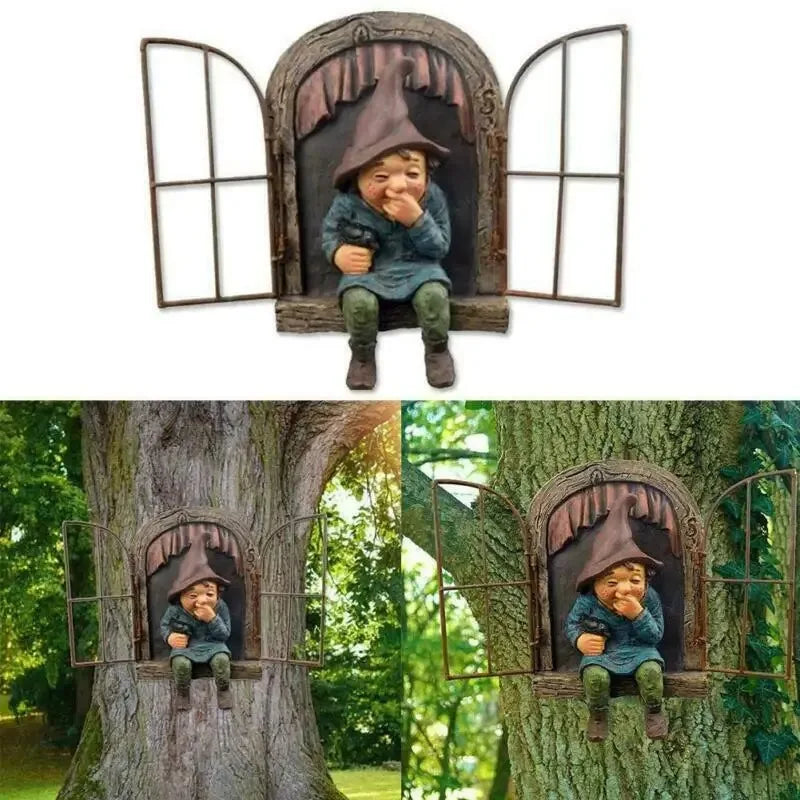 Creative Garden Gnome Statue Elf Out Tree Hug Suitable for Home Courtyard Porch Table Decoration