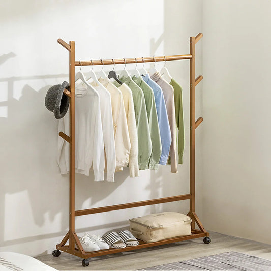 Bamboo Garment Hat Rack with 360-rotating Wheels for Bedrooms Entryways Laundry Rooms