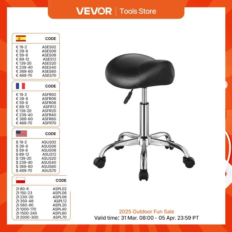 VEVOR Saddle Stool w/ Wheels 450 LBS Weight Capacity Height Adjustable Ergonomic Swivel Saddle Chair for Salon Spa Tattoo Clinic