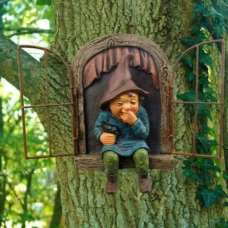Creative Garden Gnome Statue Elf Out Tree Hug Suitable for Home Courtyard Porch Table Decoration