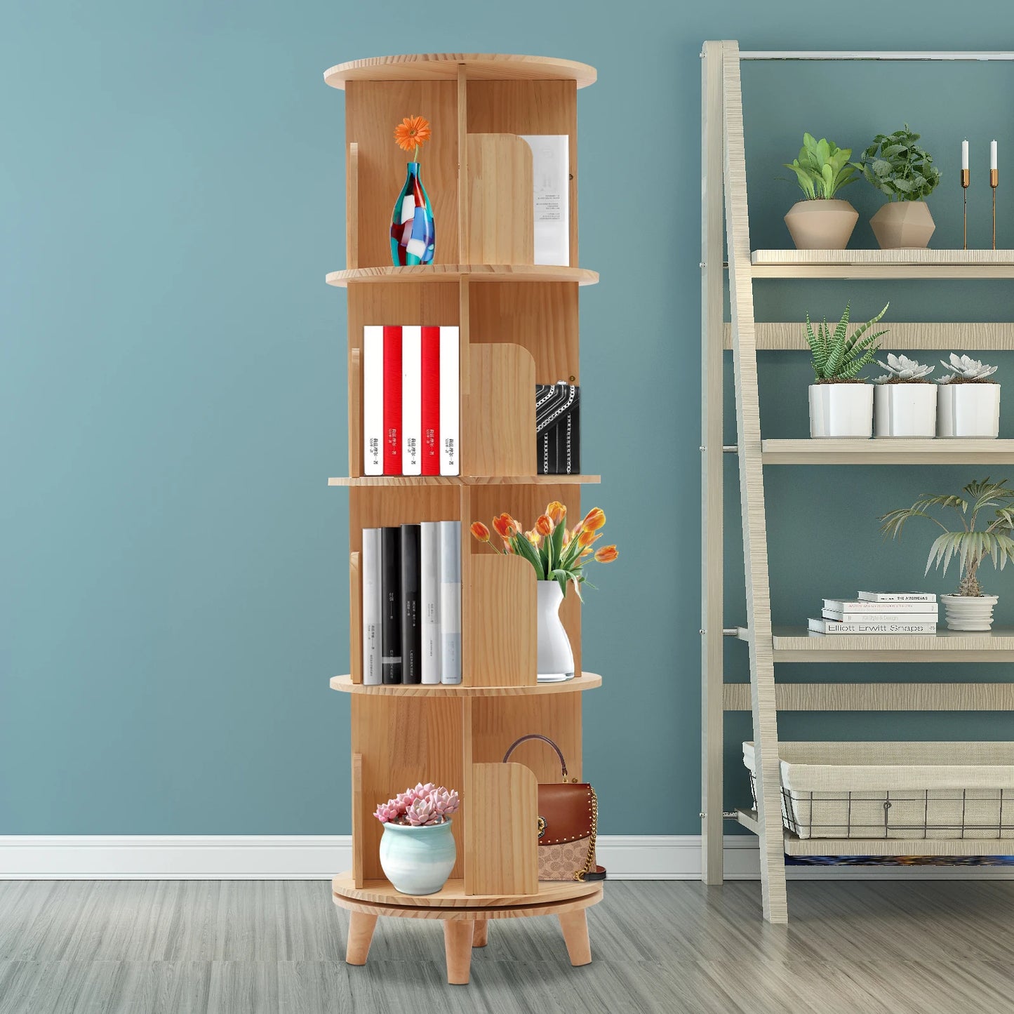 1/2/3/4/5/6 Tier Wooden Bookcase Rotatable Floor Stand Multifunctional Showcase Organizer