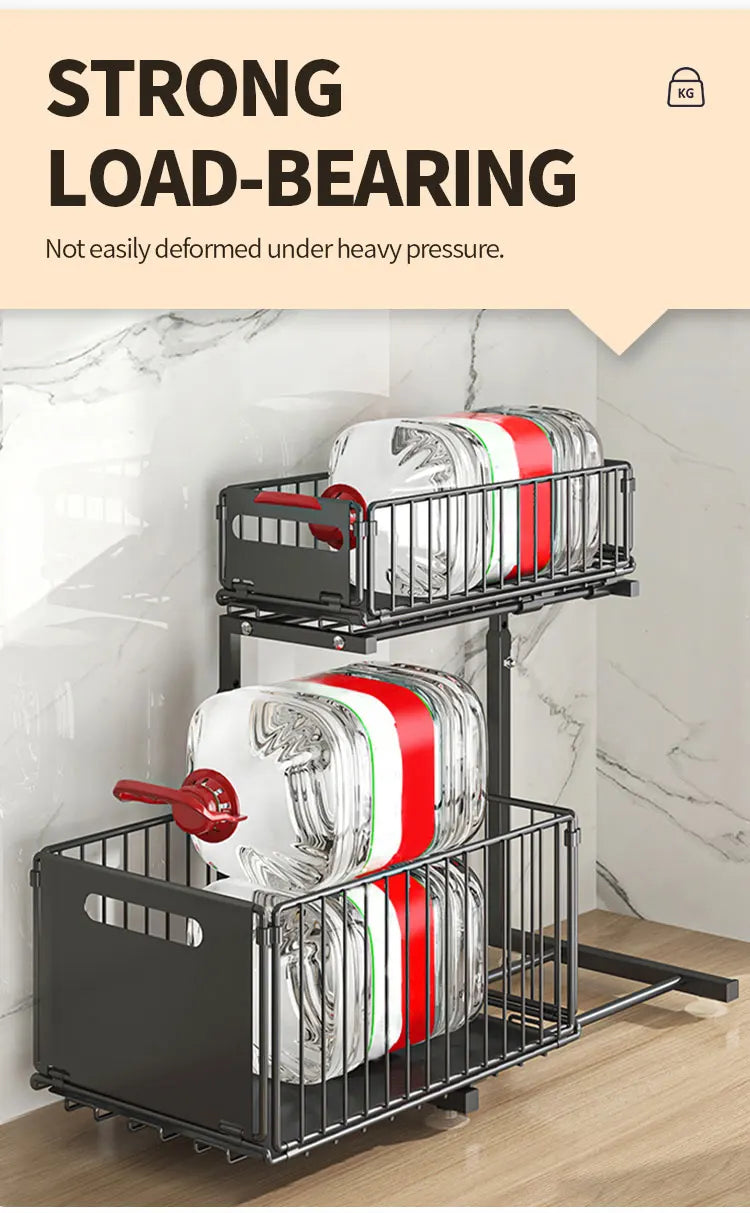 2-tier Under Sink Storage Organizer,Ajustable Sliding Cabinet Storage Basket,Kitchen Storage Rack with suction cups,Pull out Cab