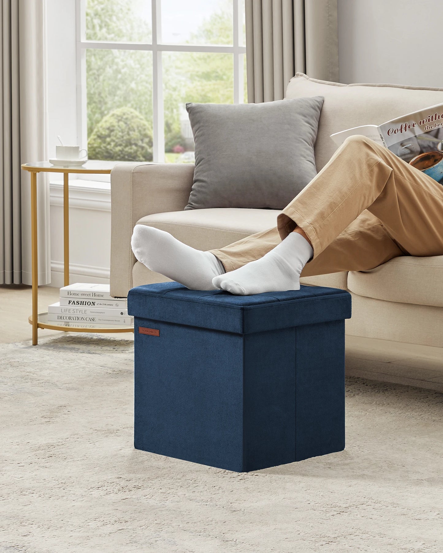 SONGMICS Storage Ottoman, Foldable Small Ottoman Foot Rest, Ottoman with Storage, Load up to 300 kg, for Living Room, Bedroom