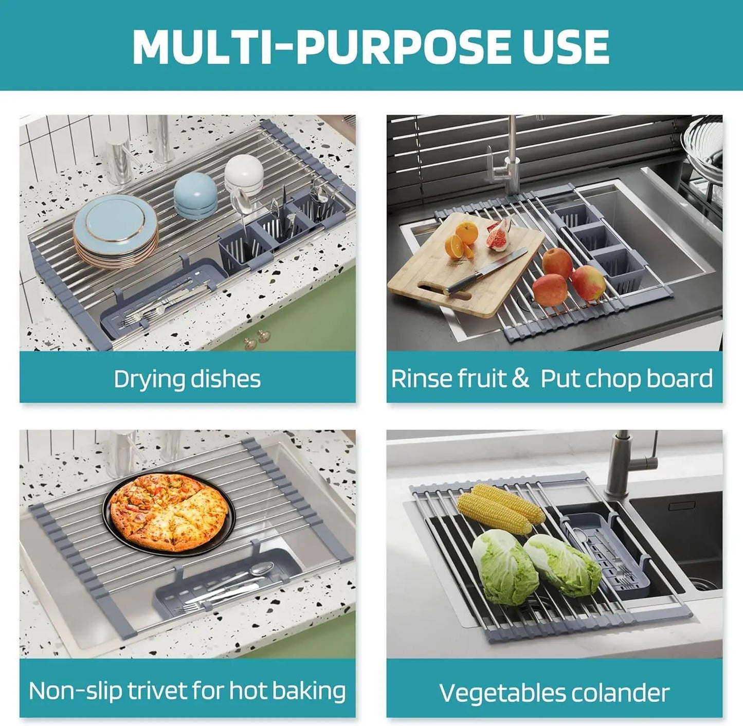 Large Drying Mat Foldable Stainless Steel Over The Sink Dish Roll Up Rack