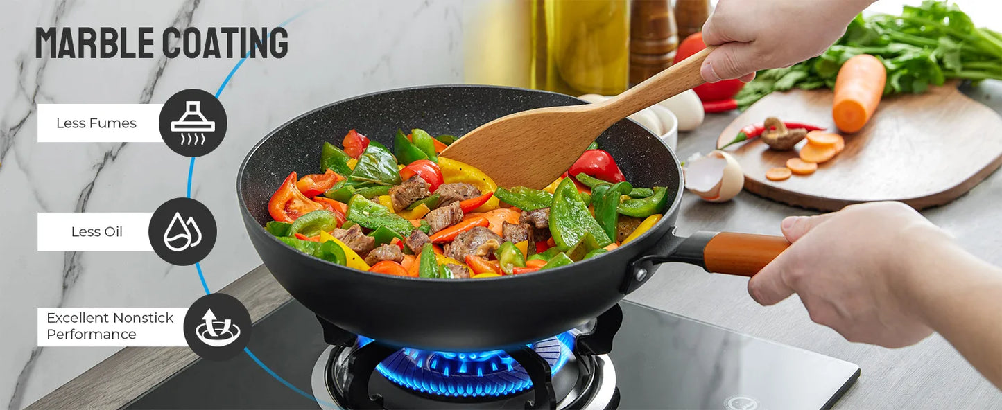 Induction Wok Pan Nonstick, Stir-Fry Wok 30cm with Wooden Handle, Flat Bottom, Suitable for All Hobs, Granite