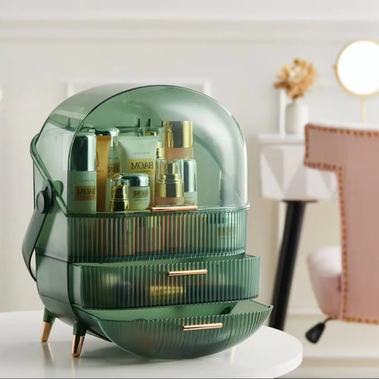 Transparent Green Makeup Organizer with Flip-Top 2 Drawers , Freestanding Large Capacity Cosmetic Storage 25x18.5x38cm