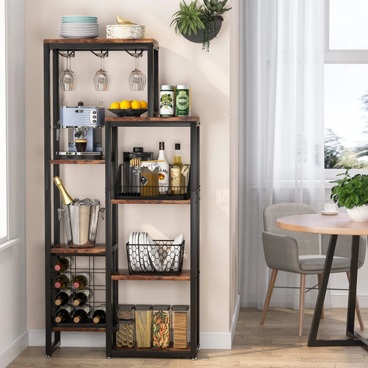 Tribesigns Wine Rack Freestanding Floor, 5-Tier Wine Baker Rack with Glass Holder & Wine Storage, Industrial Wine Display Shelf