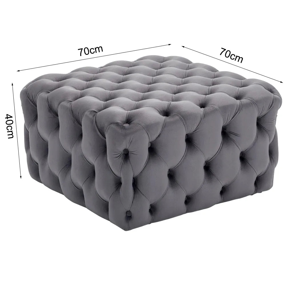 Grey Square Velvet Upholstered Buttoned Footstool