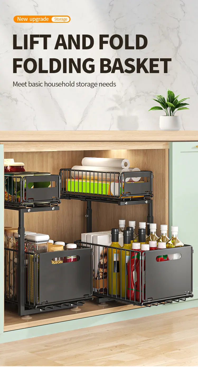 2-tier Under Sink Storage Organizer,Ajustable Sliding Cabinet Storage Basket,Kitchen Storage Rack with suction cups,Pull out Cab