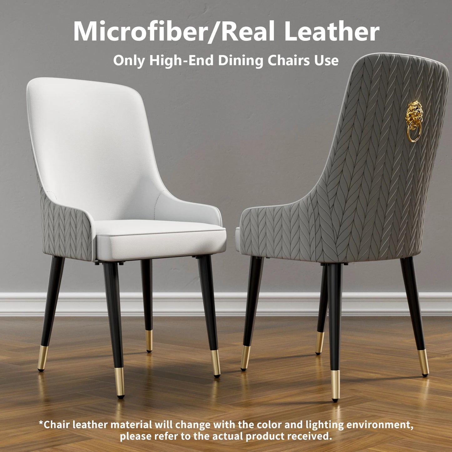 Modern PU Leather Set of 2 Dining Chairs with Metal Legs High Tufted Back Lion Head Pull Ring