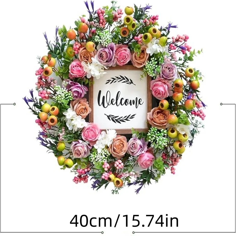 40cm Spring Summer Wreath Front Door Artificial Berries and Colorful Flower Wreath with Welcome Sign Wall Window Greenery Wreath